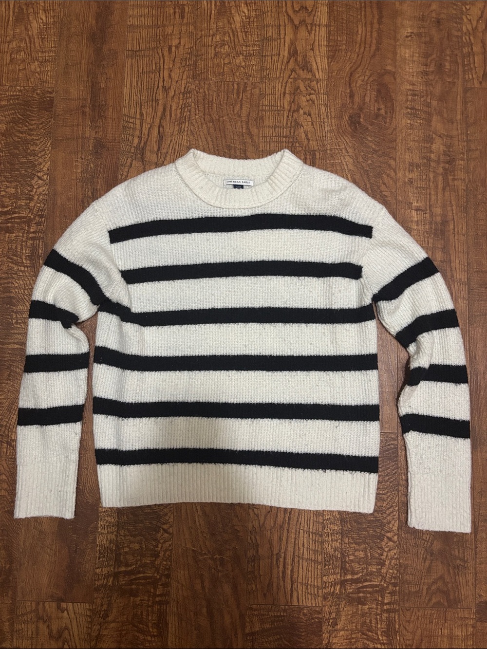 American Eagle Outfitters Cream and Black Striped Crewneck Sweater